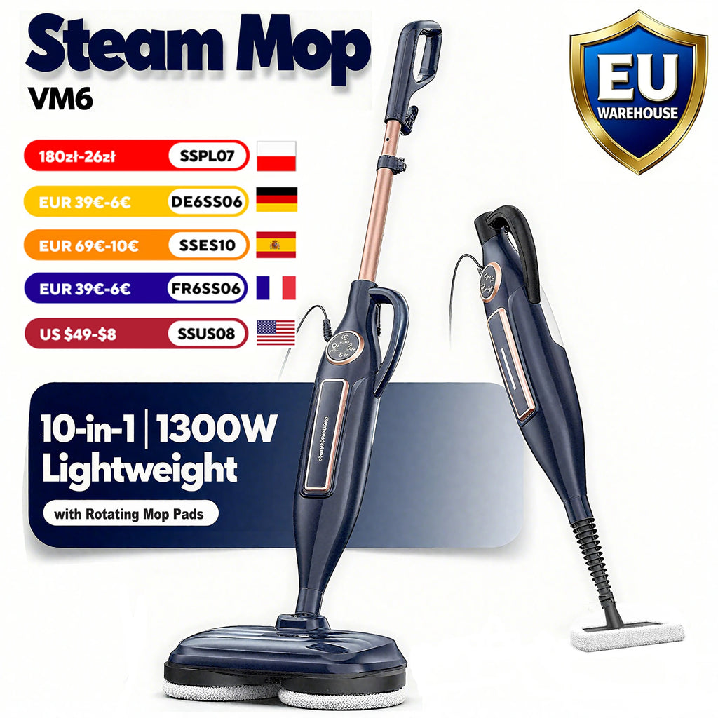 Steam Mop Cleaner with Rotating Mop Pad 10 in 1 Lightweight Spin Mop 1300W Powerful Floor Steamer for Home Hardwood Laminate VM6