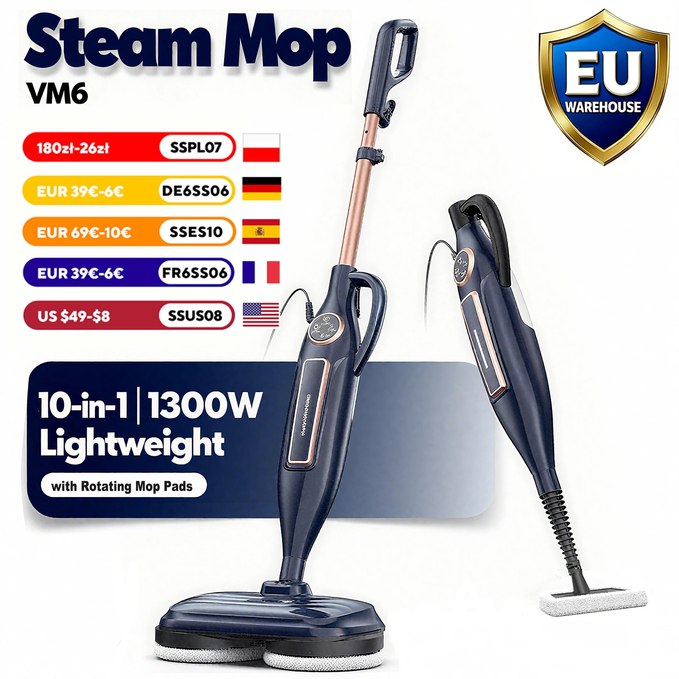 Steam Mop Cleaner with Rotating Mop Pad 10 in 1 Lightweight Spin Mop 1300W Powerful Floor Steamer for Home Hardwood Laminate VM6
